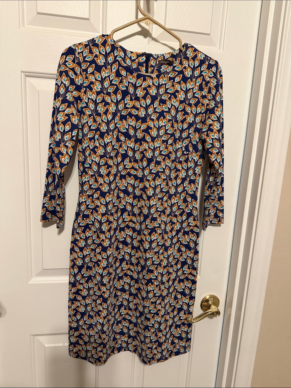 Navy Leaf-Print Long Sleeve Shift Dress